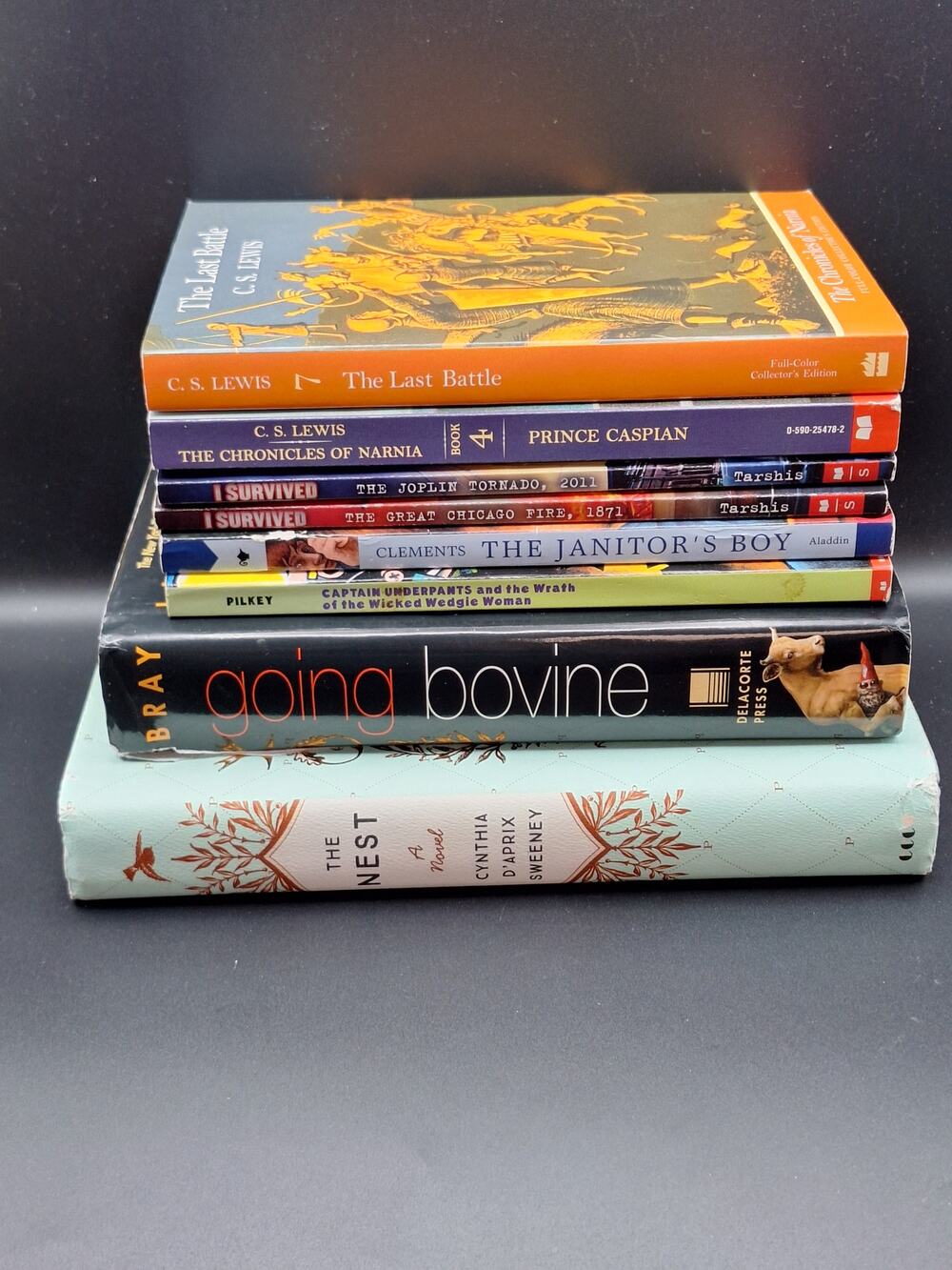 Kids YA Chapter Book Lot 8 Adventure Going Bovine Captain Underpants Narnia